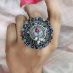 Jewels Maze - Radiant Chromatic Oxidised Silver Ring with Round Multi-Color Stones