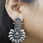 Silver Plated Designer Half Flower Brass Oxidised Dangler Earrings