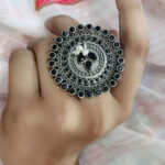 Jewels Maze - Captivating Oxidised Silver Ring with Round Shape Black Pearl Beads